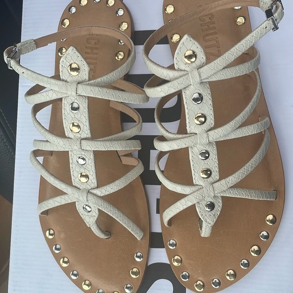 Schutz Studded Gladiator Sandals White Faux Snakeskin Strappy Flat Size 6.5 NWOB - Picture 4 of 4